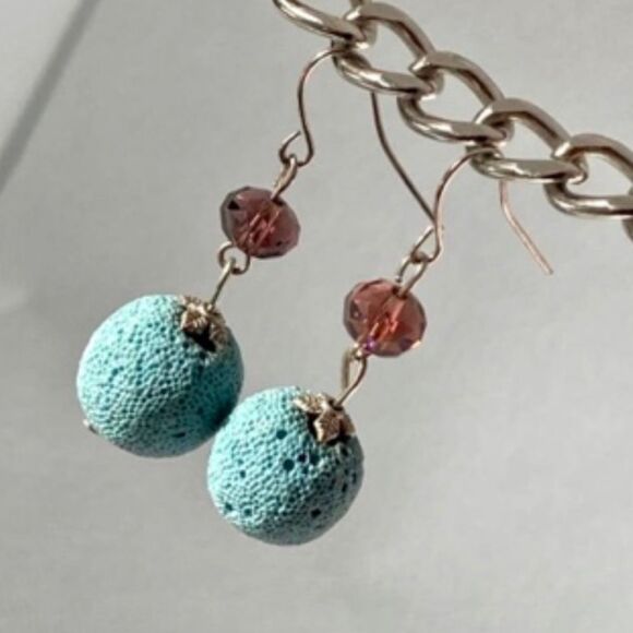 Blue lava rock and purple stone fish hook earrings - Picture 1 of 9